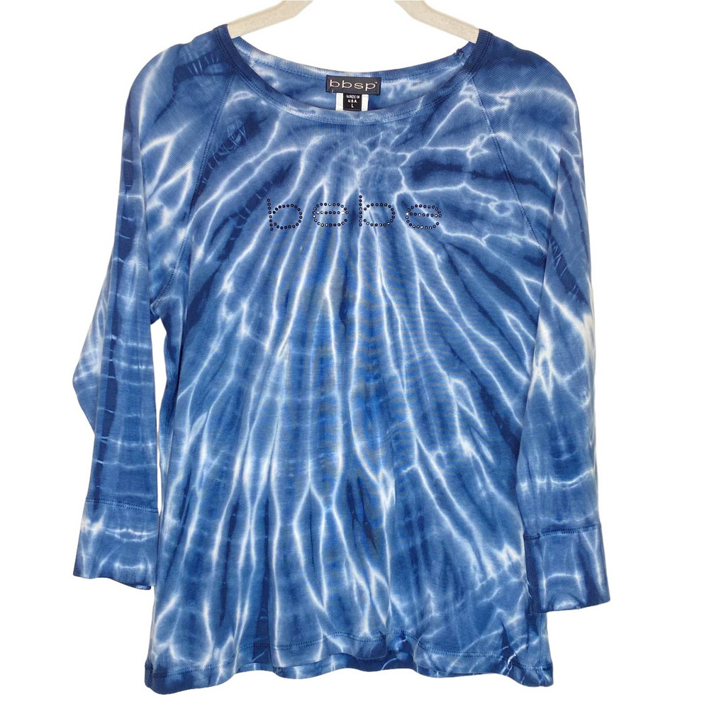 Vintage Bebe Sport Made in USA Long Sleeve 100% Cotton Blue Tie Dye Top Large